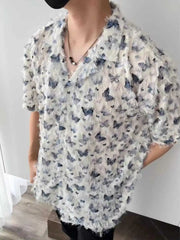 Threebooy Vintage Niche Butterfly Burr Edge Tassels Short Sleeved Shirt Male Summer High Street Loose Comfortable Fashion All-match Shirt