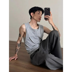 Threebooy Design Sense Niche Fake Two-piece I-shaped Vest for Men and Women in Summer Lazy Sports Fitness Sleeveless Vest T-shirt