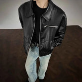 Threebooy Winter New Men's Pu Leather Long-Sleeved Jacket American Retro Fashion Trend High Street Loose Casual Niche Men's Tops