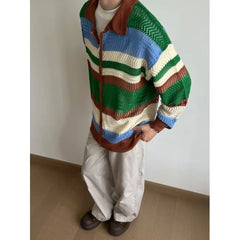 Threebooy Japanese retro striped hollow color-blocked knitted cardigan jacket men's loose contrasting sweater