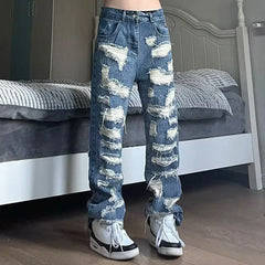 Threebooy American Style Broken Hole Old Jeans Loose Hundred New Pants Men's Streetwear Baggy Jeans Y2k Jeans Ripped Jeans Men Pants