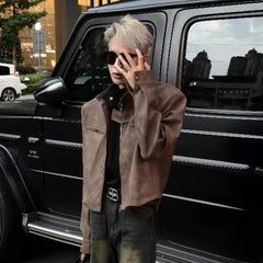 Threebooy Men's jacket Retro Motorcycle Jacket Fashion Korean Style Spring Autumn Vintage Brown Short Jacket High Street Outerwear Coat