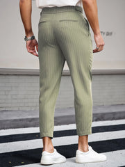 Threebooy Men's Casual Vertical Striped Tapered Cropped Pants Gurkha High Waist Stretch Slim Fit Business Grey Navy Green Trousers