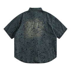 Threebooy Summer Denim Short Sleeve Shirt Men Streetwear Hip Hop Leaves Print Jeans Shirt Oversized Harajuku Washed Casual Blouse Male