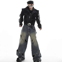 Threebooy High Street High Waist Loose Straight Leg Broken Wide Leg Trousers Hollow Long Pants Vintage Men's Jeans