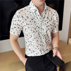 Threebooy Summer New Men's Short Sleeved Shirt High Quality Fashion V-neck Flower Printed Shirt Breathable Casual Shirt Size 4XL-M