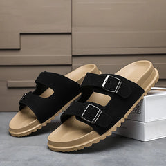 Mens Soft Slippers Slides with Adjustable Double Buckle Slide Sandals Lightweight Summer Comfortable Casual