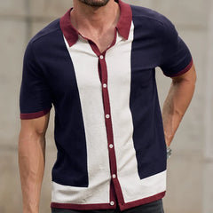 Threebooy Men's Light Luxury Business Knitted Polo Shirt Leisure Turn Down Collar Button Short Sleeve Shirts Breathable Patchwork Knitwear