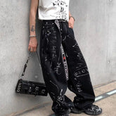 Threebooy Artificial Hand-painted Lettering Graffiti Black Denim Trousers Men Straight Pants