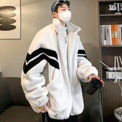 Threebooy Striped Berber Fleece Jacket Men Stand Collar Winter Parka Coat Men Casual Loose Thick Warm Jackets Man Plus Size 3XL-M