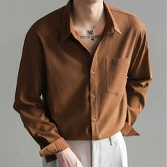 Threebooy Mature Korean Style Handsome Long-sleeved Shirt Men's Loose Casual Wrinkle Draped Shirt Spring Top
