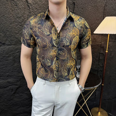 Threebooy Sexy Mesh Jacquard Shirt for Men Summer Short Sleeved Thin Shirts Fashion Casual Nightclub Social Men's Shirt Breathable