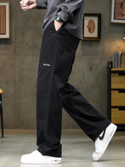 Threebooy 100% Cotton 4 Colors Men's Baggy Straight Casual Pants Elastic Waist Drawstring Fashion Korean High Street Cargo Male Trousers