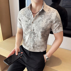 Threebooy High Quality Printed Short Sleeved Shirt for Men Slim Fit Casual Pleated Shirt Business and Social Ironless Shirt Men Clothing