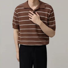 Threebooy Men's Clothing Light Luxury Business Striped Polo Shirt Casual Slim-fit Knitted Short Sleeve T-shirt High Quality Patchwork Tops