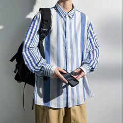 Threebooy Spring Autumn Men's New Splicing Square Collar Button Stripe Fashion Minimalist Casual Loose All-match Long Sleeve Shirts