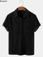 Threebooy New 2025 Men's Summer Corduroy Short Sleeve Shirt Fashion Casual Streetwear Solid Lapel Loose Pullover Retro Simple Tops for Men