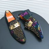 Threebooy Men's Black Rhinestone Studded Loafers Slip on Large Size 38-47 Colorful Print Formal Party Nightclub Flat Shoes Luxury Loafers