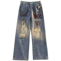 Threebooy High Street Ripped Printed Jeans for Men Loose Straight Legs for Teenagers Trendy Hip-hop Long Pants