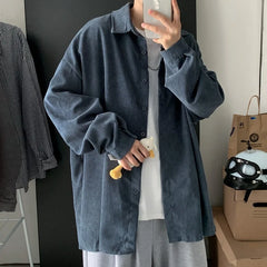 Threebooy Khaki Corduroy Men Shirts Fashion Korean Oversized Baggy Tops Spring Autumn Cardigan Long Sleeve Blouse Vintage Male Y2K Clothes