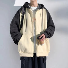 Threebooy Splicing Young Students Male Hoodie Baggy Full Zip Up Harajuku Fashion Aesthetic Luxury Cheap Streetwear Men's Hooded Sweatshirt