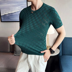 Threebooy Brand Clothing Men's Summer Casual Short Sleeve T-shirt/Male Slim Fit Plaid Fashion Knit T-Shirts Tees Plus Size S-4XL