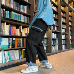 Threebooy Spring new cotton wide-leg men's pants with large pockets casual hip-hop overalls straight-leg pants for men men pants mens