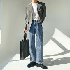 Threebooy Minimalist Style High-end Jeans Men's Trousers Solid Color Loose Straight Denim Pants Male Draped Dark Blue Trousers