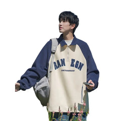 Threebooy Preppy Spliced Polo Shirt Sweatshirt Men's Spring Autumn Raglan Sleeves Trendy American Loose Versatile Casual Jacket