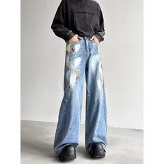 Threebooy Y2K Fashion Painting Graffiti Vintage Blue Baggy New Jeans Pants For Men Clothes Streetwear Hip Hop Denim Trousers