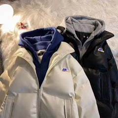 Threebooy Winter Fake Two-Piece Hooded Cotton-Padded Coat Style Loose PU Leather Cotton-Padded Coat