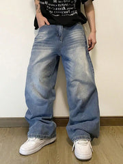 Threebooy Summer Men's Denim Pants Old Blue Washed Male Baggy Jeans Four Seasons Straight Casual Menwear Loose Wide Leg Trousers Fashion