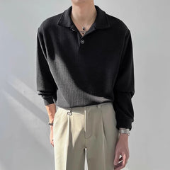 Threebooy New Trendy Waffle Men Polo Shirt Leisure High Quality Solid Color Long Sleeve T-shirt Korean Fashion Autumn Loose Basic Shirts