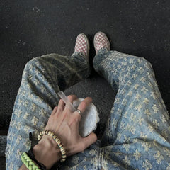 Threebooy Trendy Brand Hiphop Slimming Straight-leg Jeans Jacquard Full Print European American High Street Style For Men