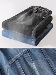 Threebooy Men's Straight Cargo Jeans with 4 Pockets Spring Autumn Heavy Fabric Washed Denim Pants Wide-Leg Baggy Jeans