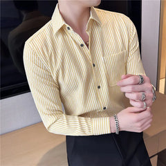 Threebooy Fashion Stripe Casual Men Long Sleeve Button Shirt Stitching Pocket Design Fabric Soft Comfortable for Men Slim Fit Dress Shirt