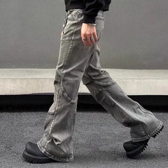 Threebooy Y2K Streetwear Vintage Grey Pleated Flare Jeans Pants For Men Designer Clothes Old Harajuku Luxury Goth Long Trousers