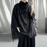 Threebooy Summer Pile Collar Solid Color Loose Casual Fashion Shirt Male 3/4 Sleeve Black All-match Harajuku Y2K Blouse Men Streetwear Top