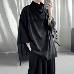 Threebooy Summer Pile Collar Solid Color Loose Casual Fashion Shirt Male 3/4 Sleeve Black All-match Harajuku Y2K Blouse Men Streetwear Top