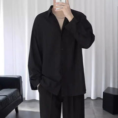 Threebooy Black Shirt Men's Handsome Loose Drooping Long-sleeved Spring, Summer and Autumn Casual Men's Fashion Handsome Ice Silk Jacket