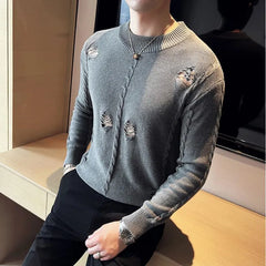 Threebooy Men's Winter High Quality Hole Decoration Casual Knitting Sweater Men Slim Fit Pullover Streetwear Basic Color Sweater 4XL