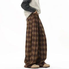 Threebooy Winter Trendy Tartan Fleeced Plaid Casual Pants Men's Loose Straight Warm Long Pants Mopping Trousers For Men Black/Coffee