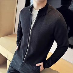 Threebooy High Quality Men's Knit Cardigan Autumn Winter Thick Slim Fit Stand Collar Zipper Knitted Sweatercoat Men Solid Color Outerwear