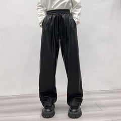 Threebooy Casual Drawstring PU Leather Long Pants Men Trousers Spring Fall Loose Y2k Elastic Waist Straight Wide Leg Faux Leather Pants