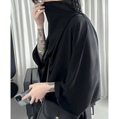 Threebooy Summer Pile Collar Solid Color Loose Casual Fashion Shirt Male 3/4 Sleeve Black All-match Harajuku Y2K Blouse Men Streetwear Top
