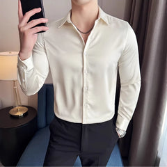 Threebooy Summer Glossy Long Sleeved Shirt Men No Ironing Casual Business Dress Shirts High Quality Slim Fit Social Office Versatile Shirt