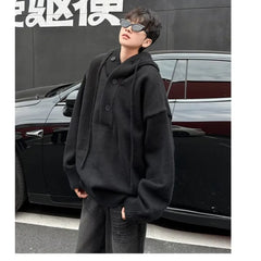 Threebooy Oversize Mens Knitted Hooded Sweatshirt Solid Color Casual Pullover Autumn Winter Comfortable Buttons Loose Lazy Sweater