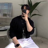 Threebooy Korean Fashion Jacquarded Sweater Men's Light Luxury Polo Neck Knitted Pullover Leisure Vintage Solid Color Long Sleeve Knitwear