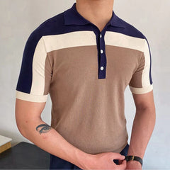 Threebooy Men's Business Slim-fit Knit Polo Shirt Light Luxury Leisure Button-down Short Sleeve Shirts Breathable Patchwork Knitwear M-3XL