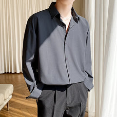 Threebooy Autumn Men's Long Sleeve Shirts Fashion Korean Baggy No-iron Business Casual Elasticity Lapel Collar Shirt White Light Blue
